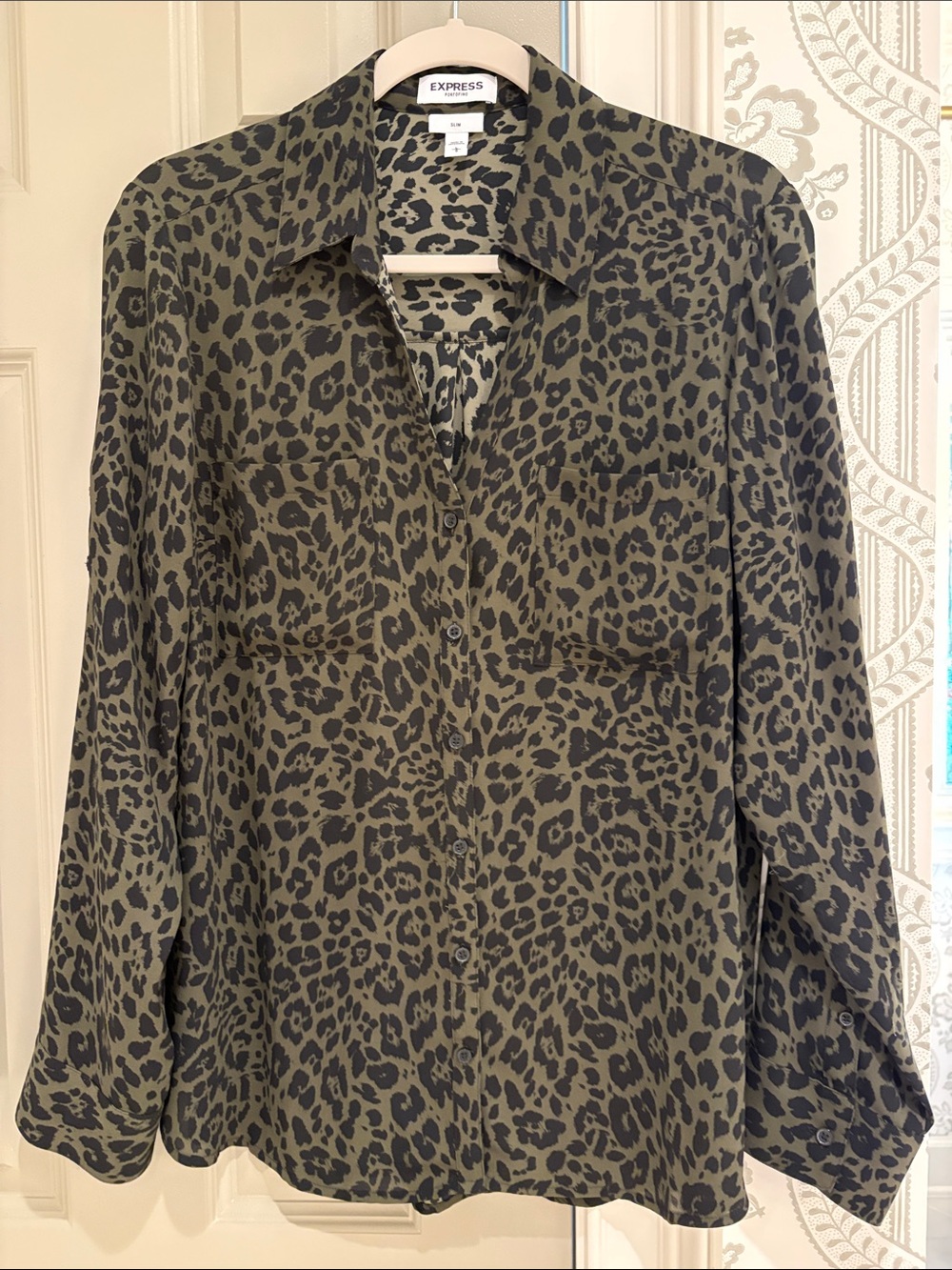 Express Olive Leopard Print Button-Down Blouse